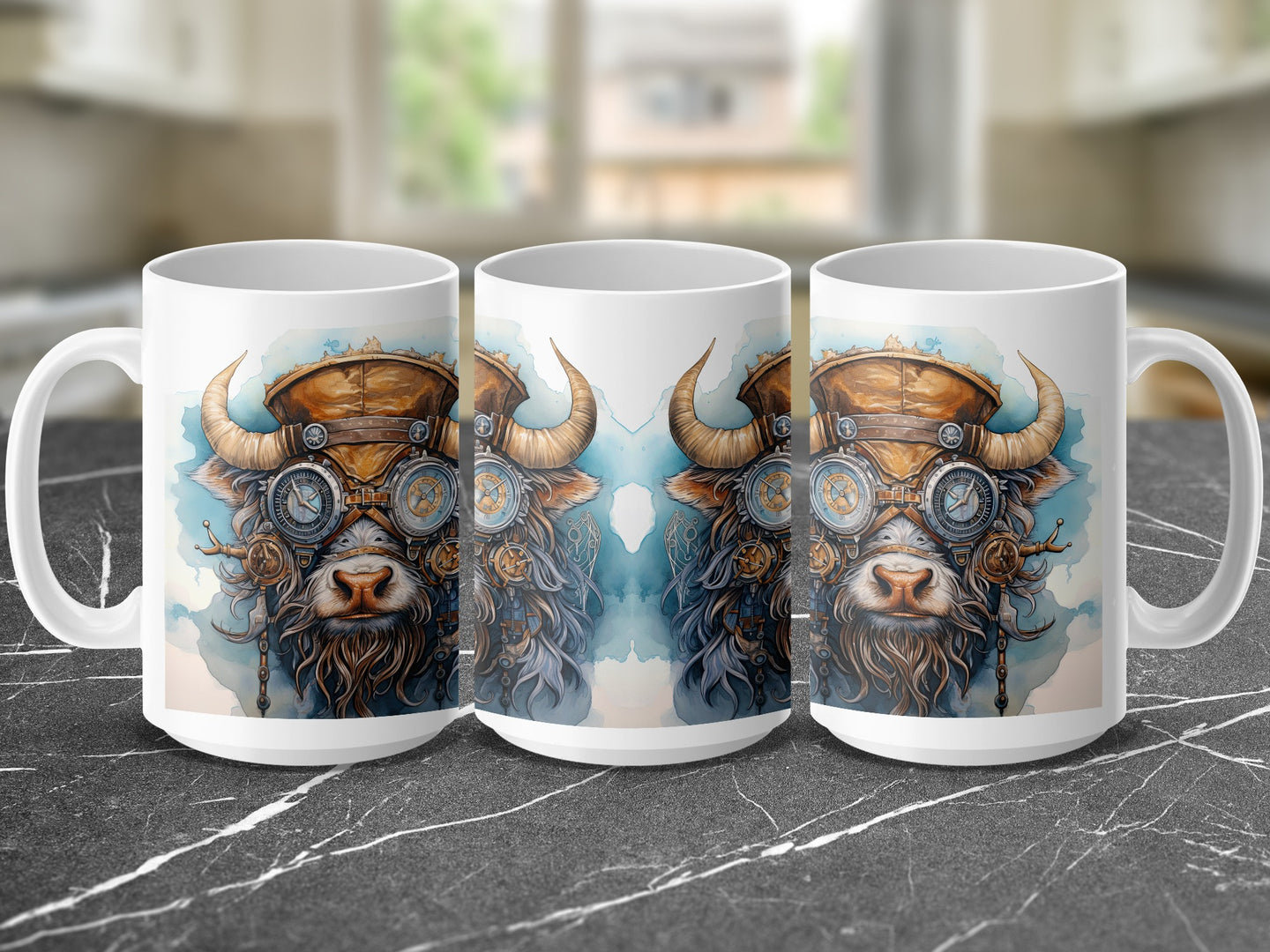 Steampunk bull graphic on three white ceramic mugs.