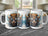 Steampunk bull graphic on three white ceramic mugs.