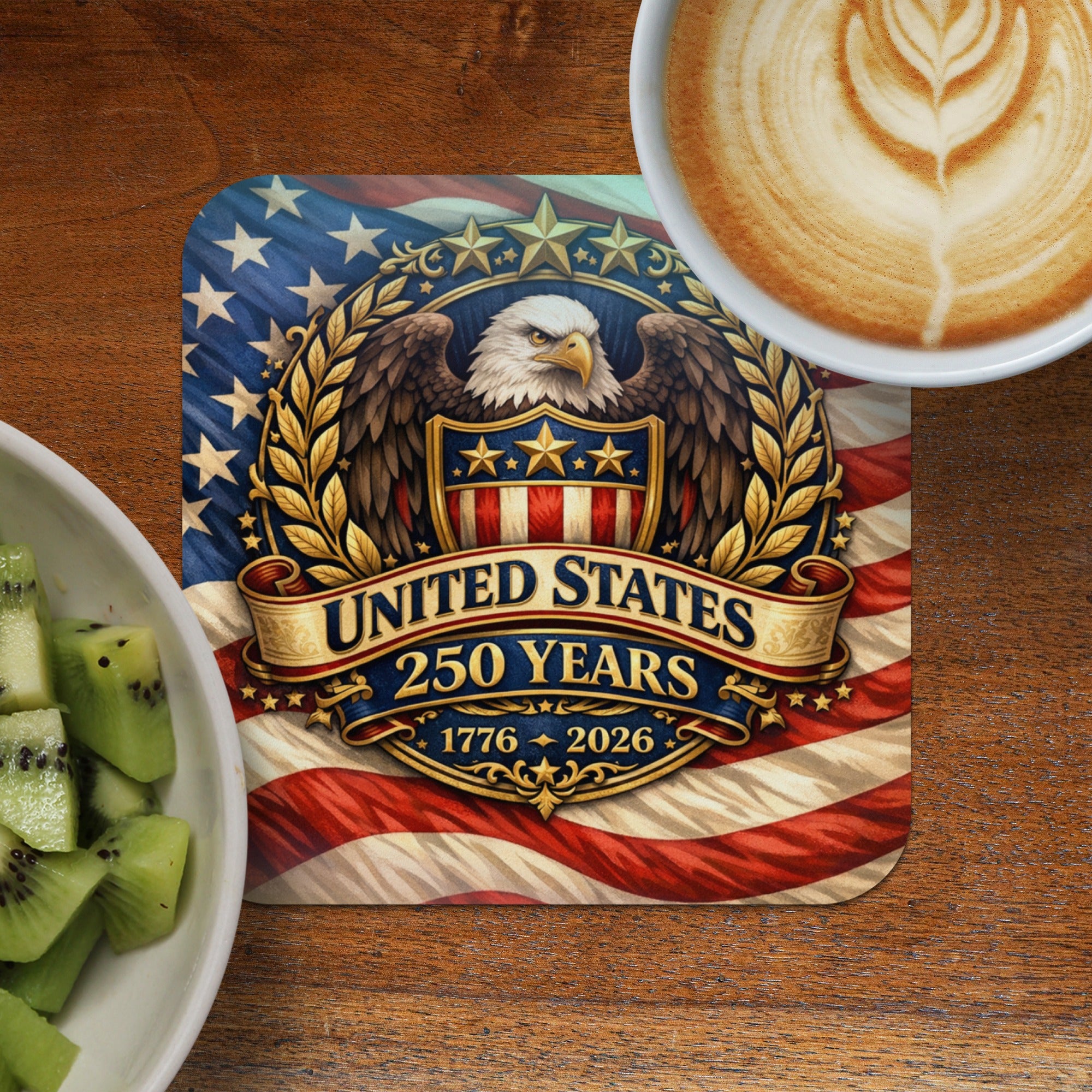 United States 250 Years 1776-2026 coaster with eagle and flag.