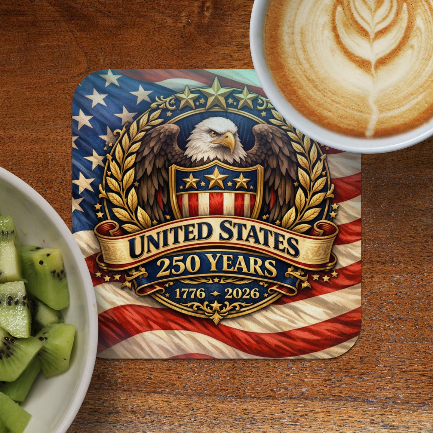 United States 250 Years 1776-2026 coaster with eagle and flag.