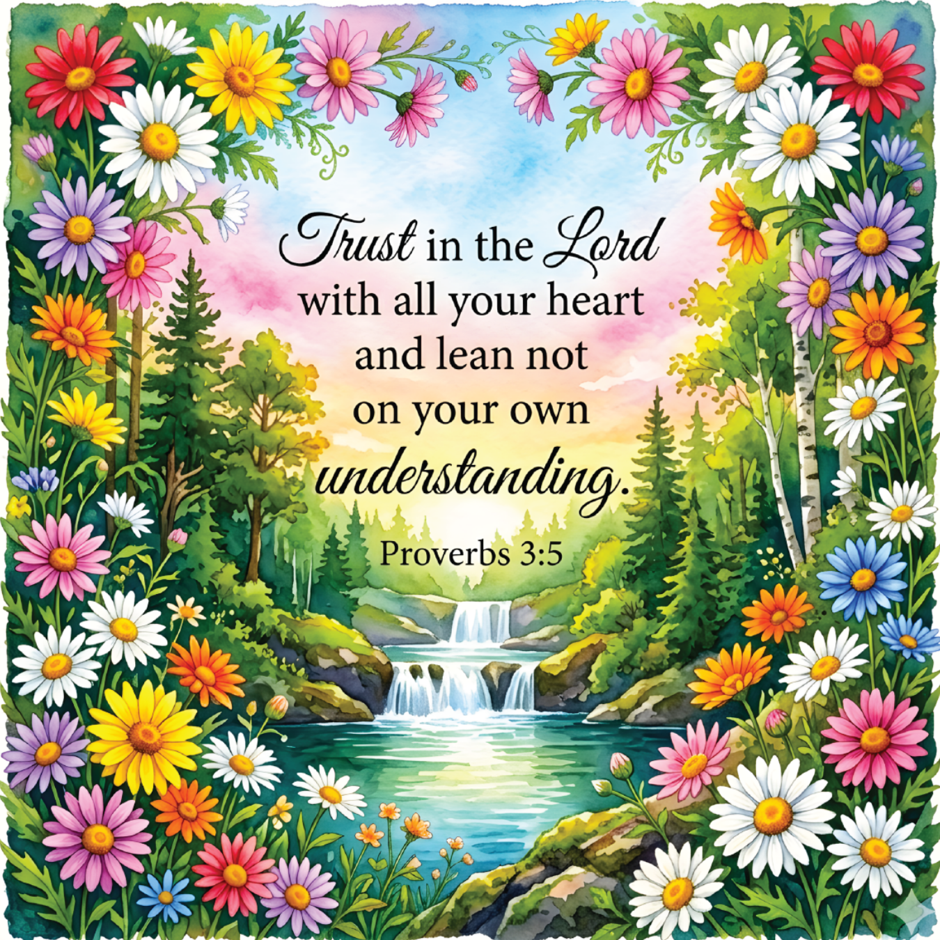 Floral border frames waterfall scene with Proverbs 3:5 Bible verse.