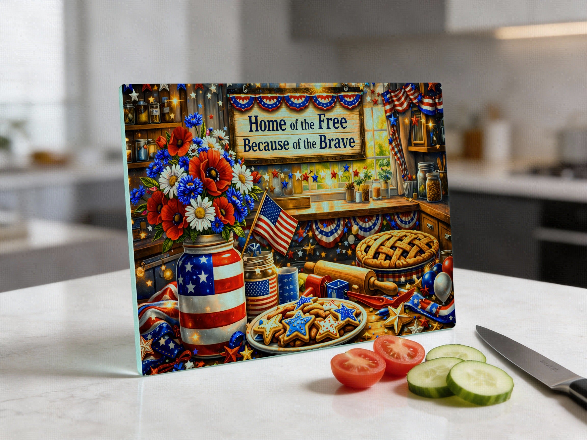 Cutting board with American flag, patriotic decor, pie, and vegetables.