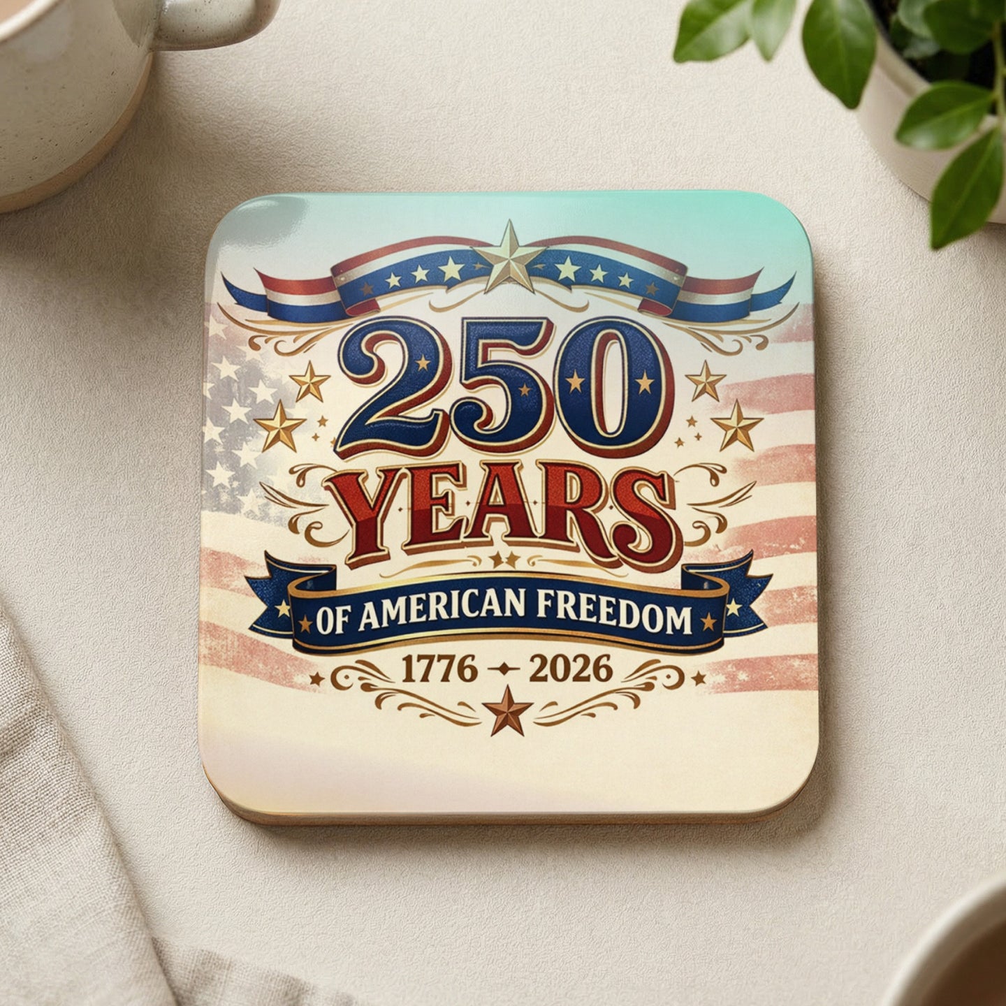 Coaster celebrating 250 Years of American Freedom, 1776-2026, with US flag design.