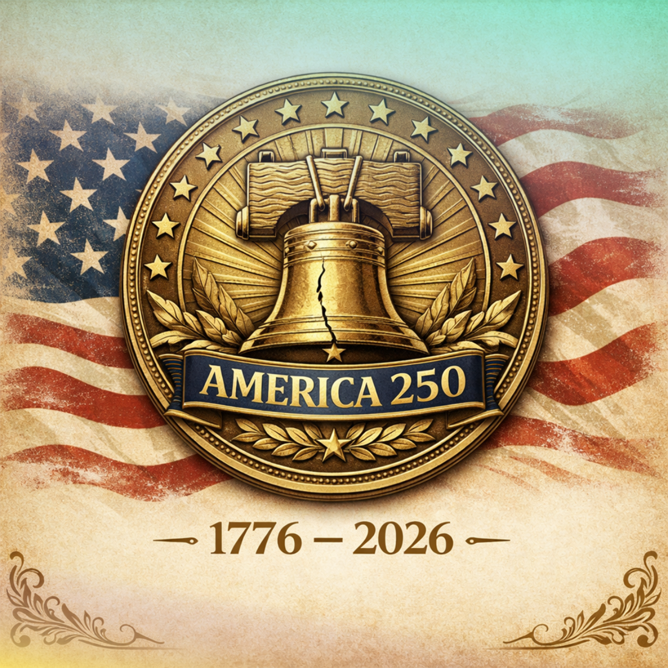 Gold coin with Liberty Bell and "America 250" text on US flag background.