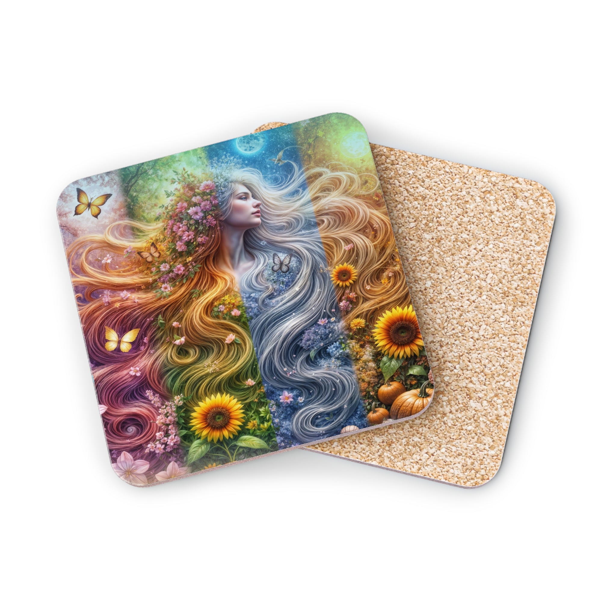 Coaster with a woman's profile and flowing hair representing seasons and nature.