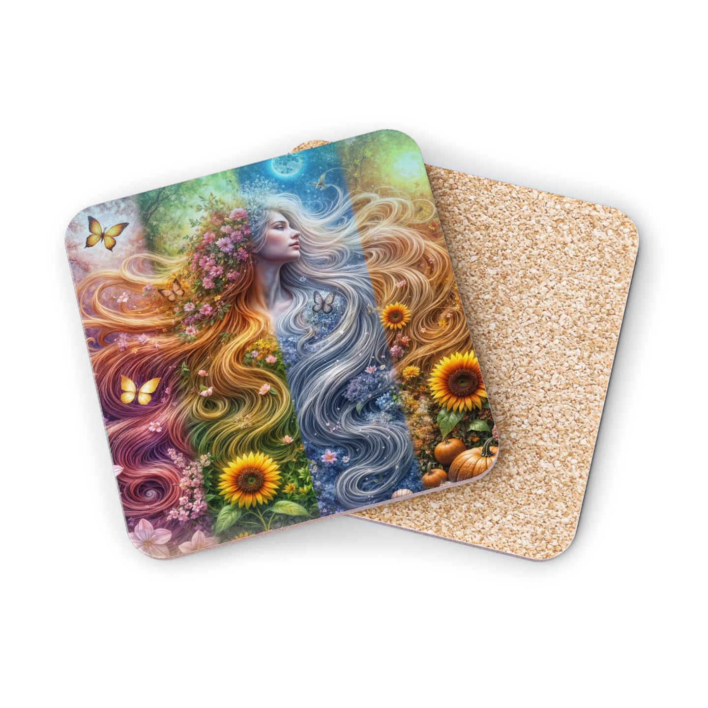 Coaster with a woman's profile and flowing hair representing seasons and nature.