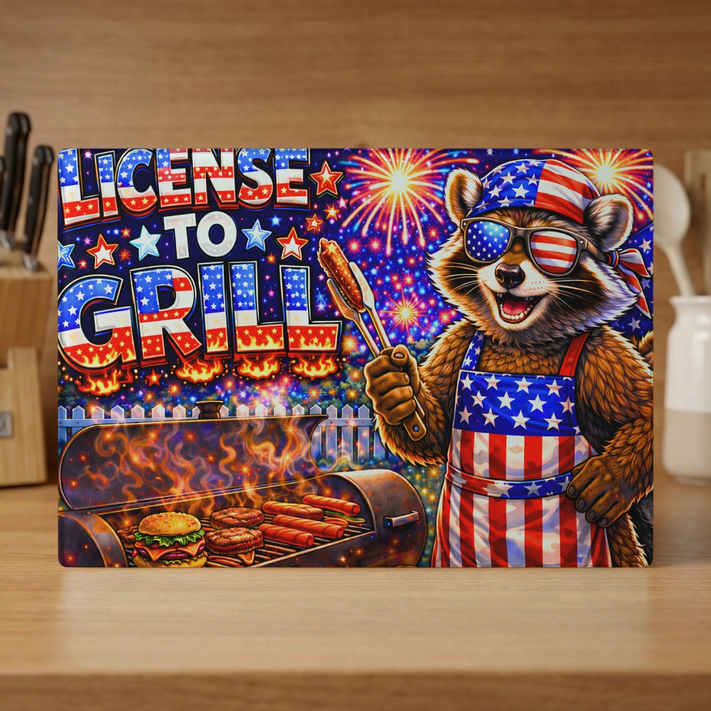Raccoon in American flag apron and bandana grilling burgers and hot dogs.