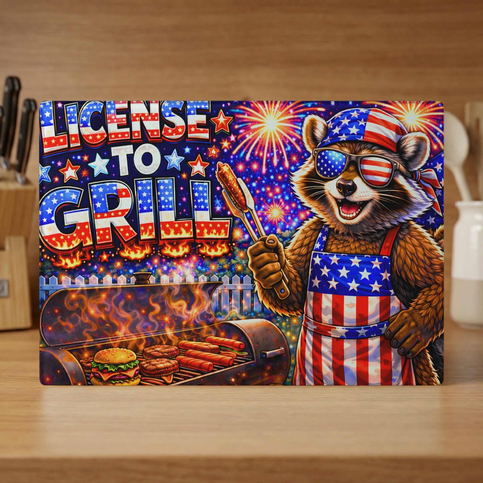 Raccoon in American flag apron and bandana grilling burgers and hot dogs.