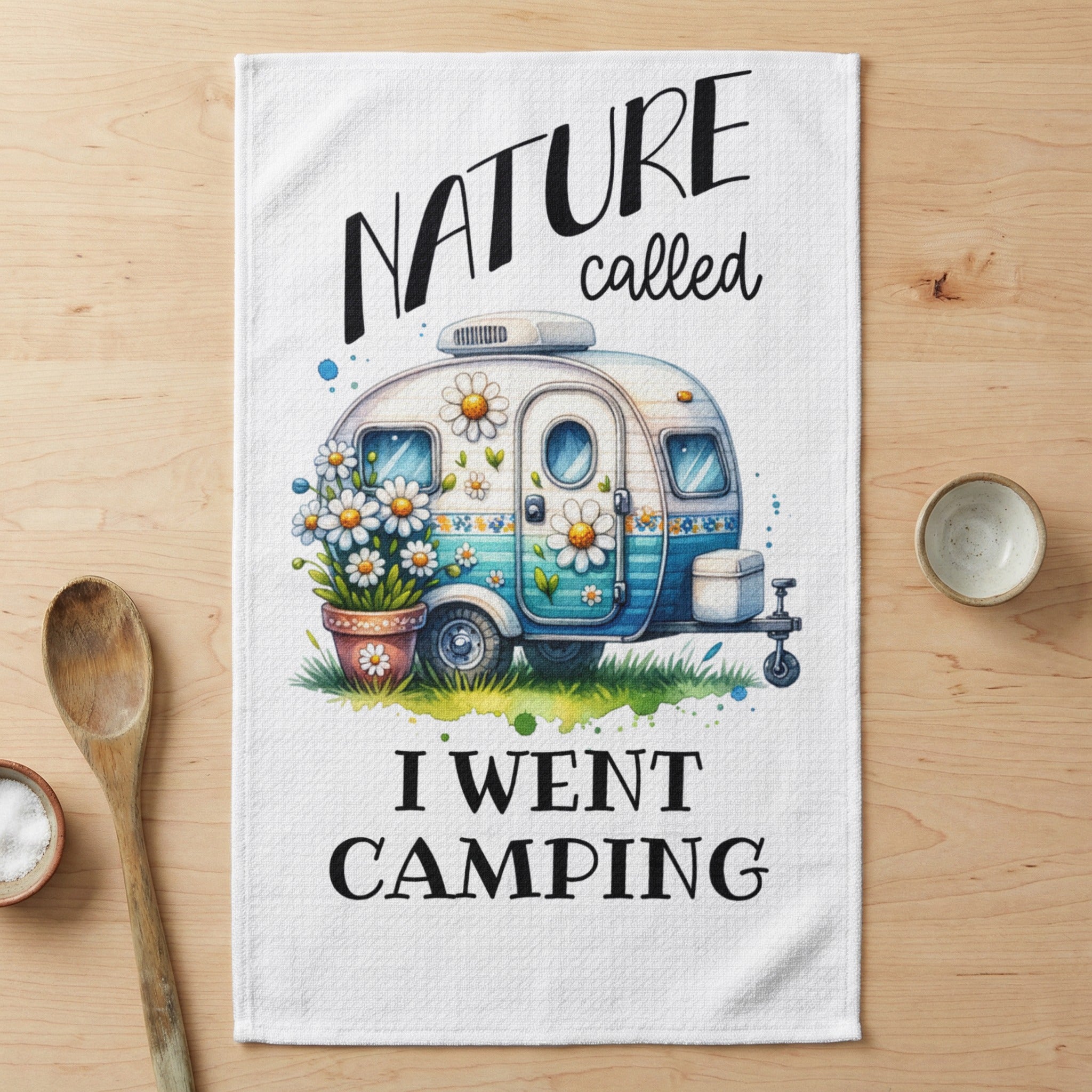 Watercolor camper with flowers, text "NATURE called I WENT CAMPING".