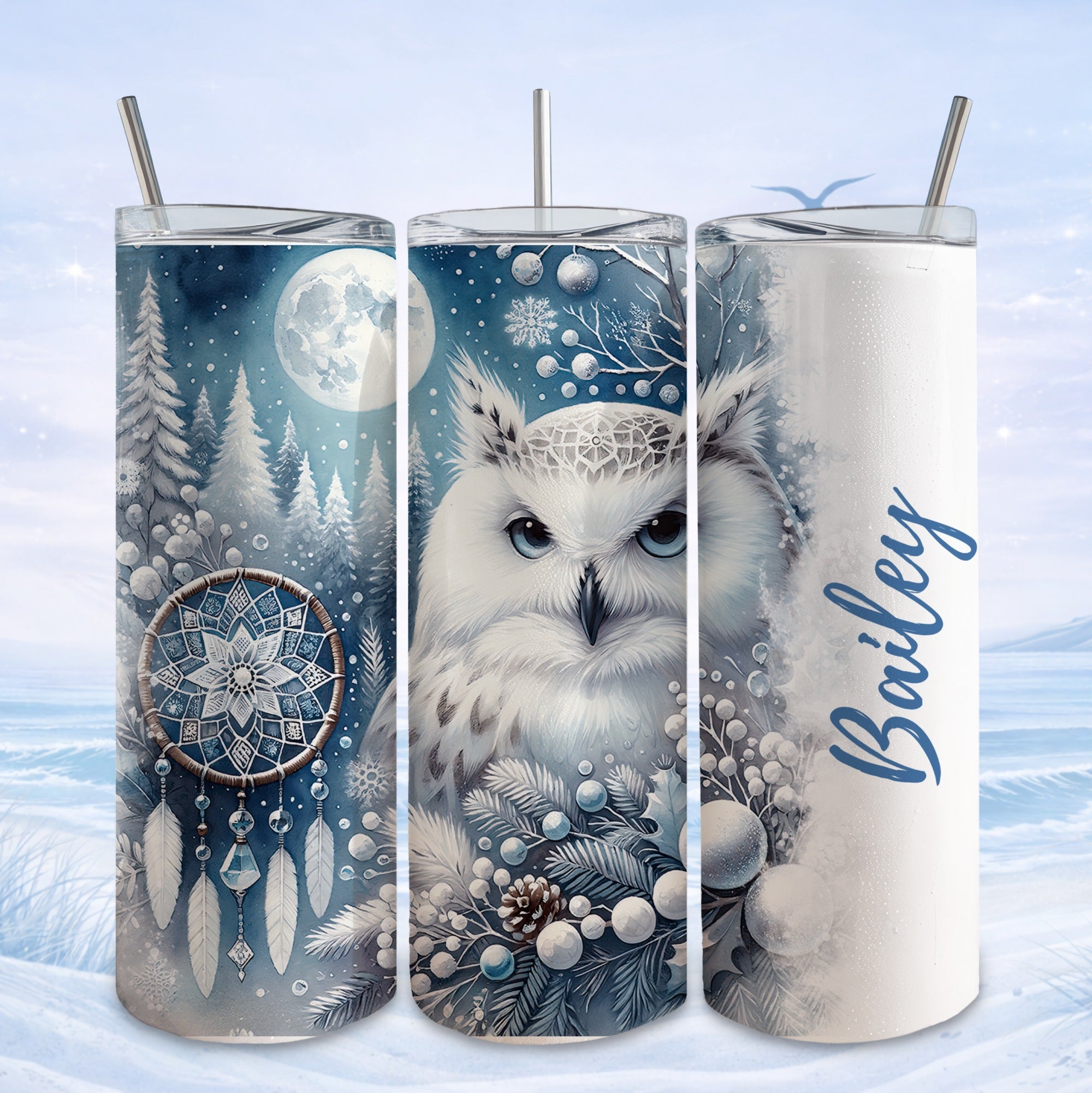 Winter owl with dreamcatcher and snowy landscape on a custom tumbler.