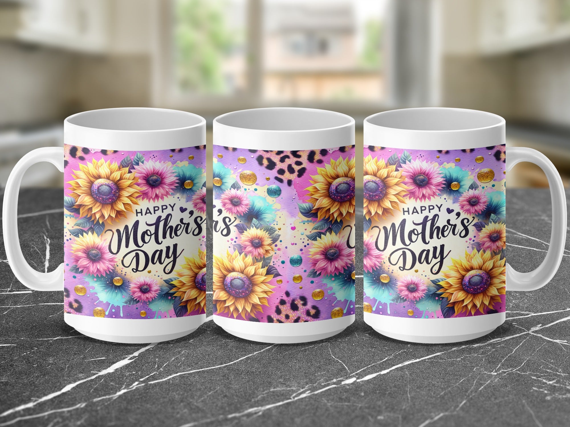 Three mugs with "Happy Mother's Day" and sunflowers on a marbled surface.