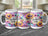 Three mugs with "Happy Mother's Day" and sunflowers on a marbled surface.
