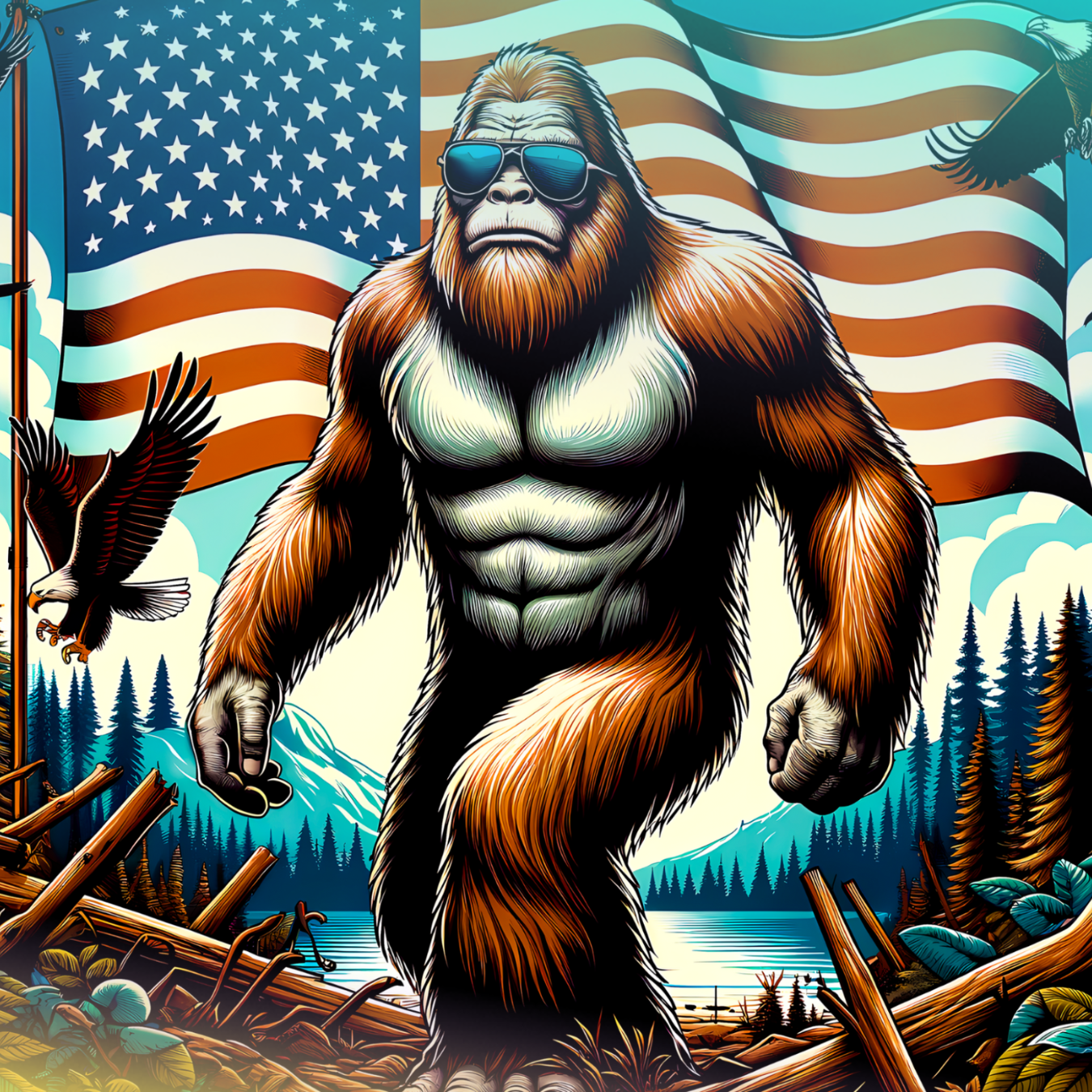 Bigfoot wearing sunglasses stands in front of a US flag with eagles and a lake.