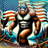 Bigfoot wearing sunglasses stands in front of a US flag with eagles and a lake.