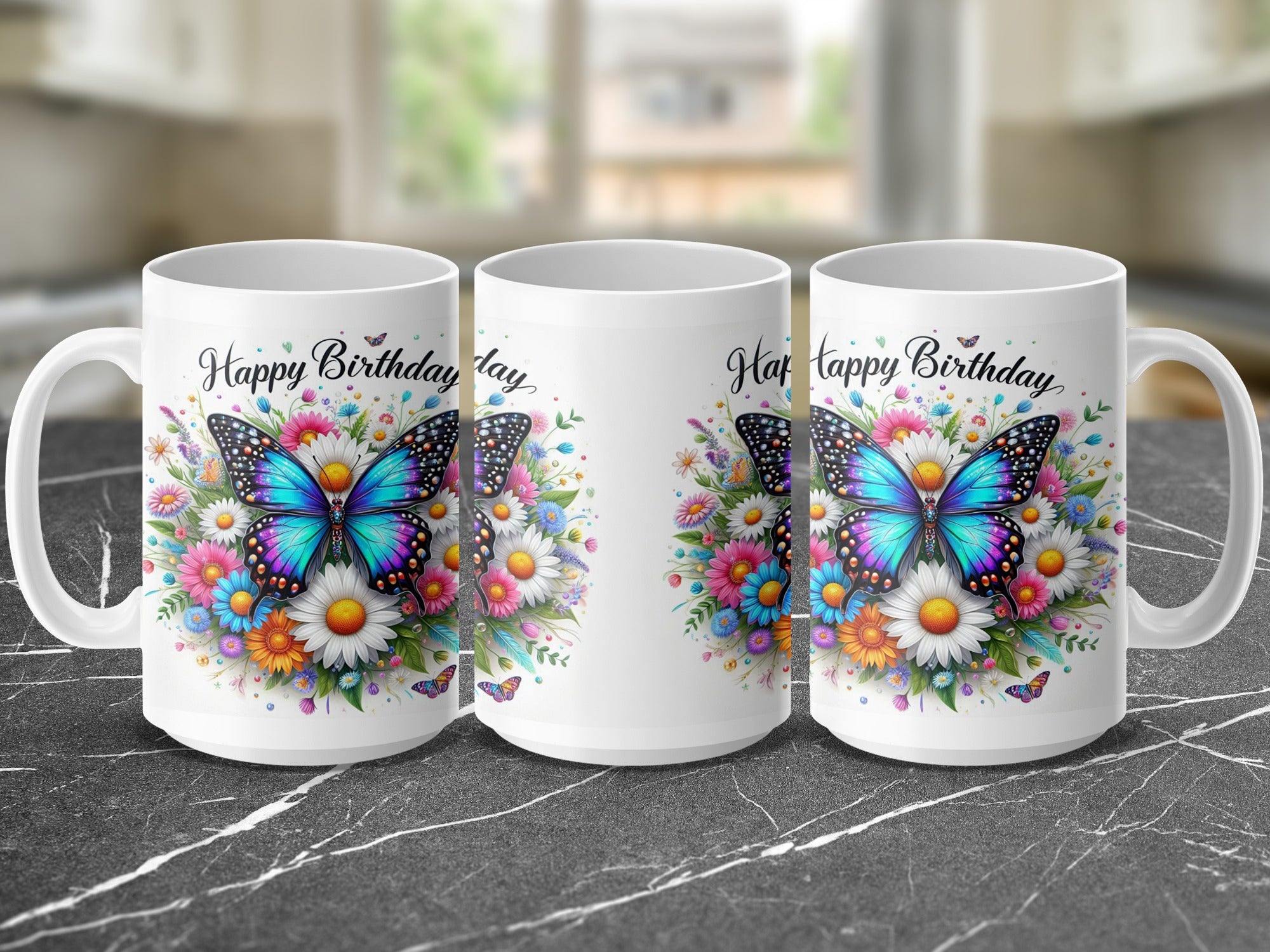 White mug with colorful butterfly and floral design, "Happy Birthday" text.