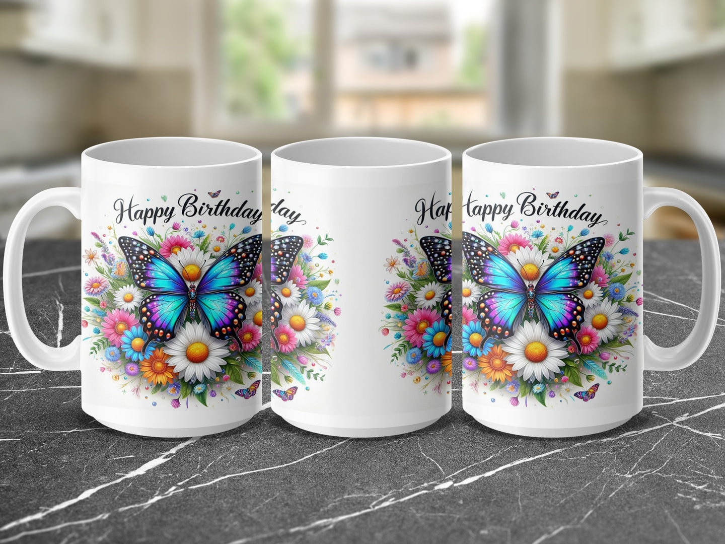 White mug with colorful butterfly and floral design, "Happy Birthday" text.