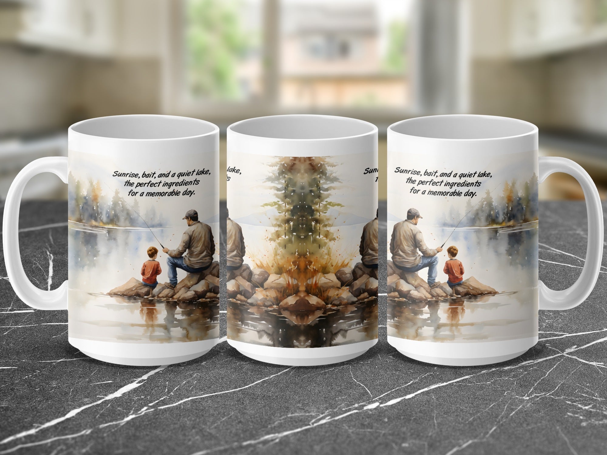 Mugs with sunrise, fishing, and quote "Sunrise, bait, and a quiet lake".