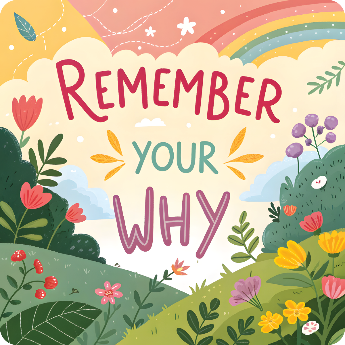 Remember Your Why text with whimsical floral and rainbow illustration.