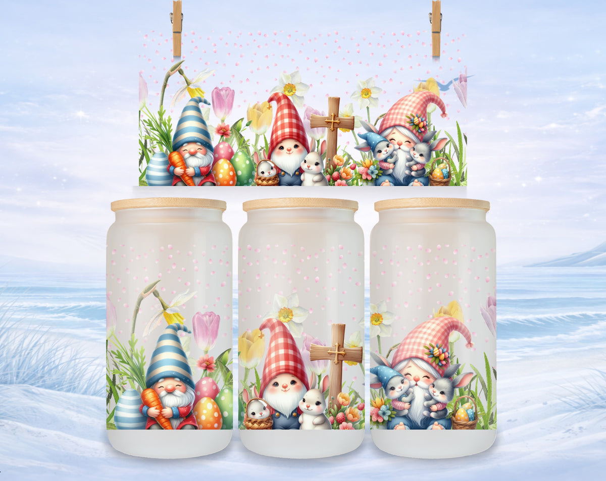 Easter gnomes and bunnies with flowers and eggs on a frosted glass tumbler.