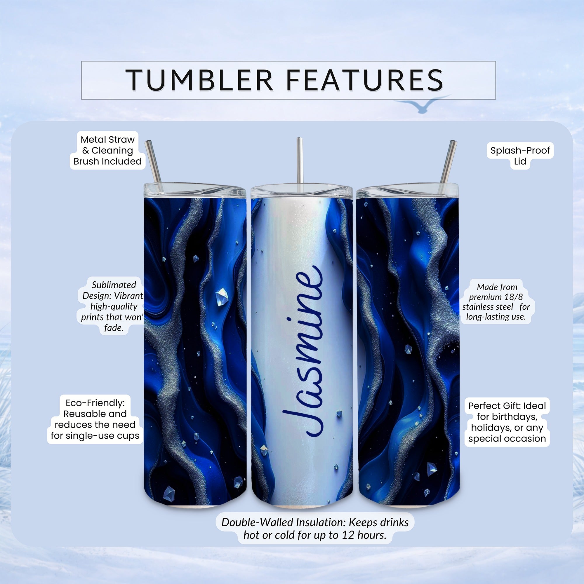 Personalized tumbler with dark blue swirling design, "Jasmine" in script, and feature callouts.