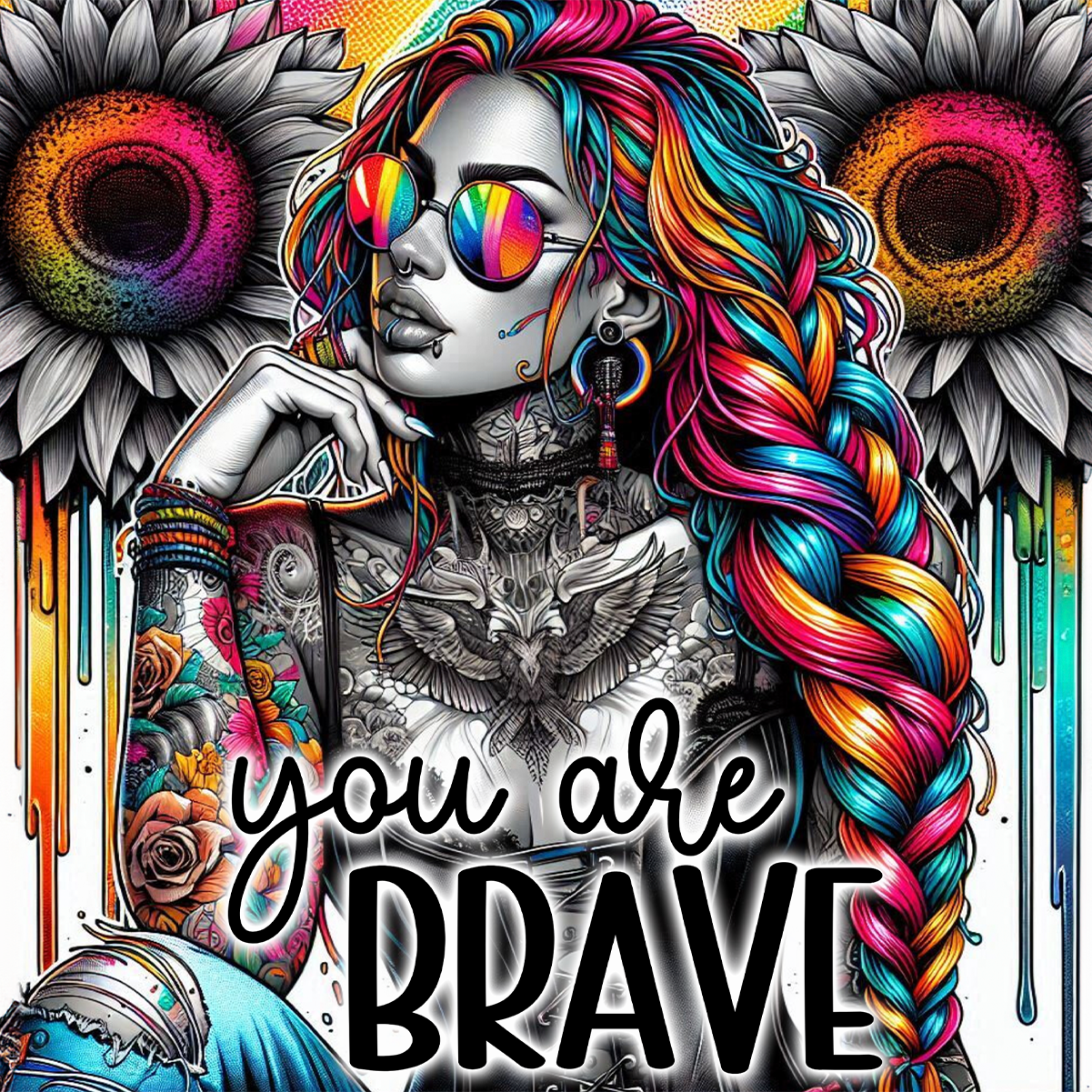 Woman with rainbow hair, sunglasses, and tattoos, with "you are brave" text.