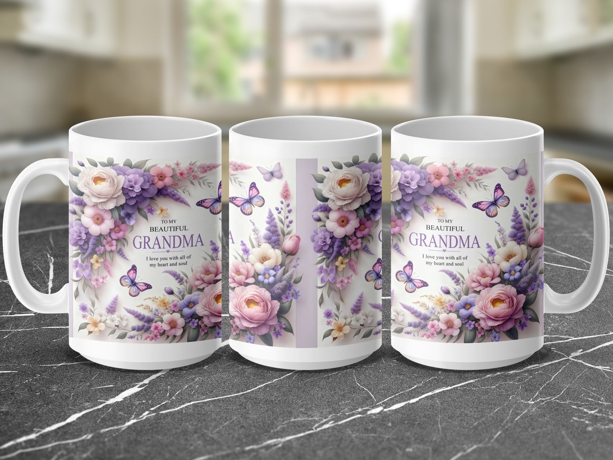 Three mugs showing floral design and text "To my beautiful Grandma".