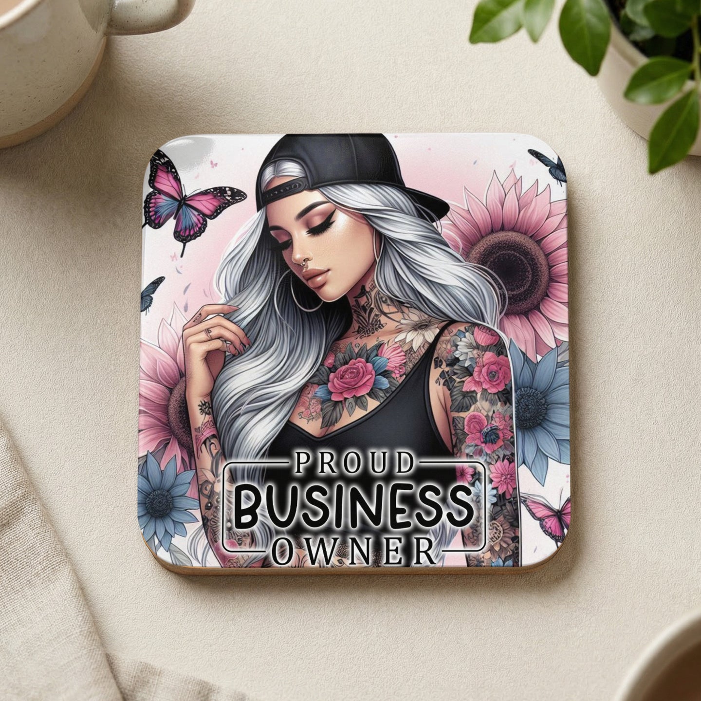 Coaster with tattooed woman and sunflowers, "Proud Business Owner" text.