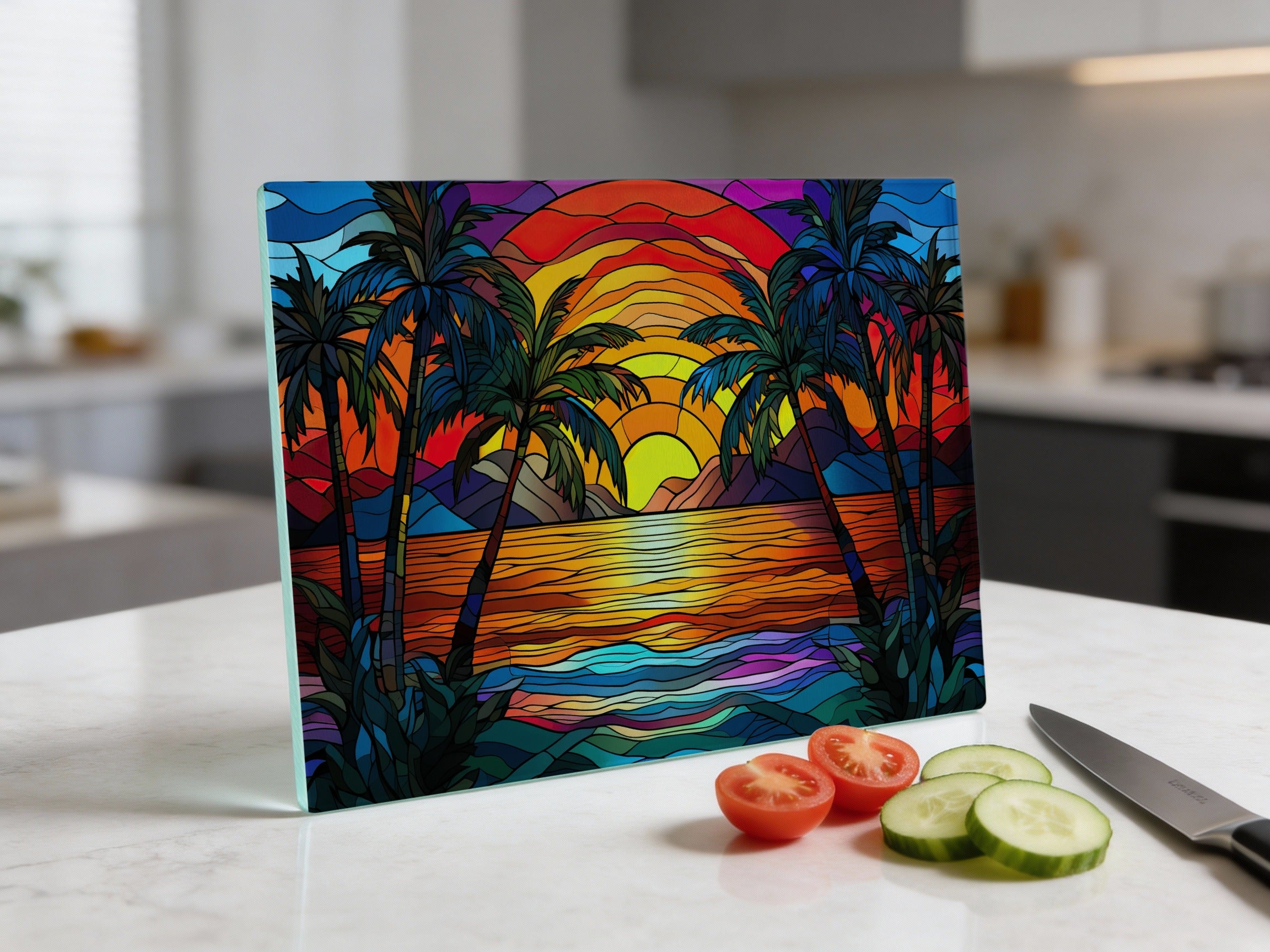 Colorful stained glass sunset with palm trees on a cutting board.