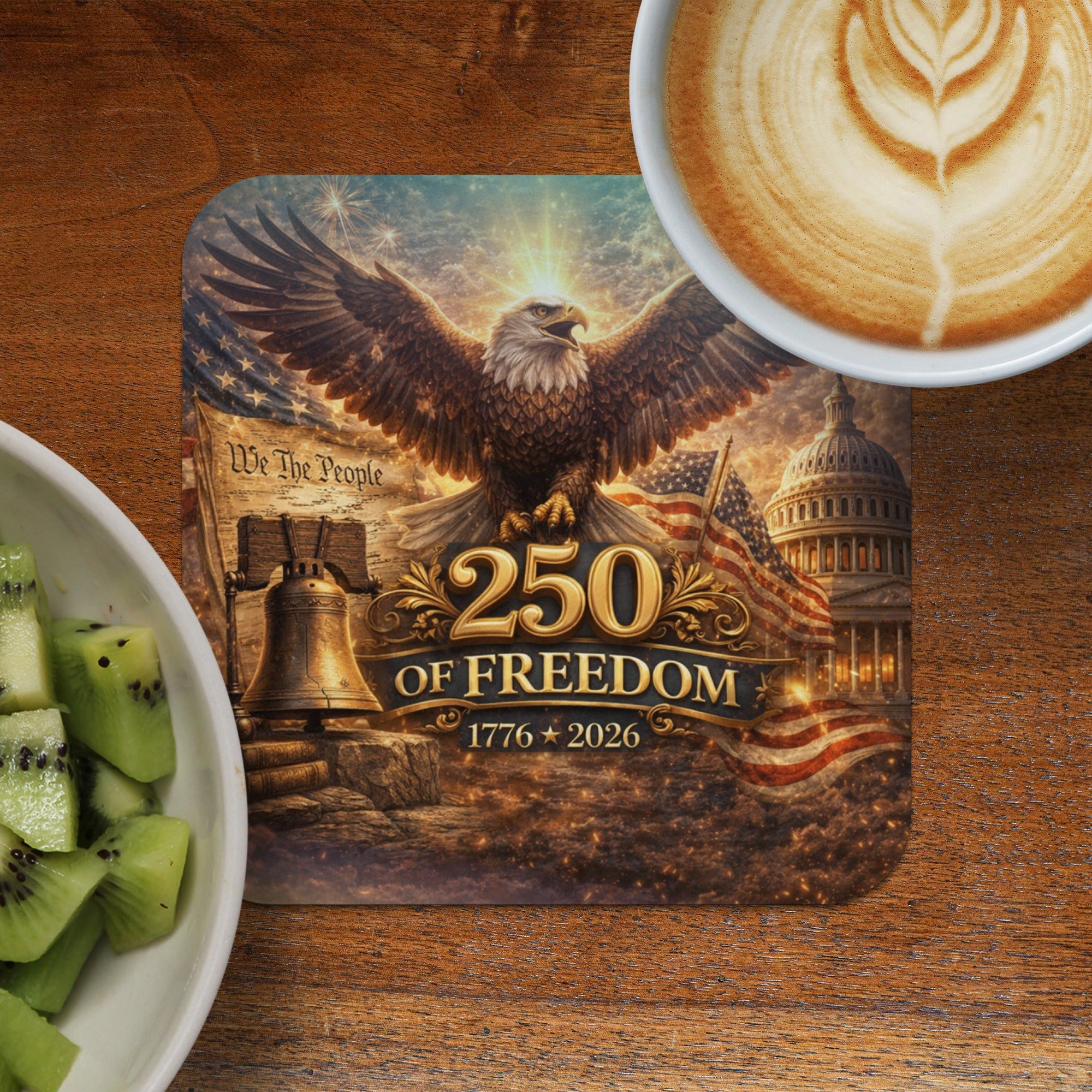 Coaster with eagle, bell, flag, Capitol dome, and "250 of Freedom 1776-2026".