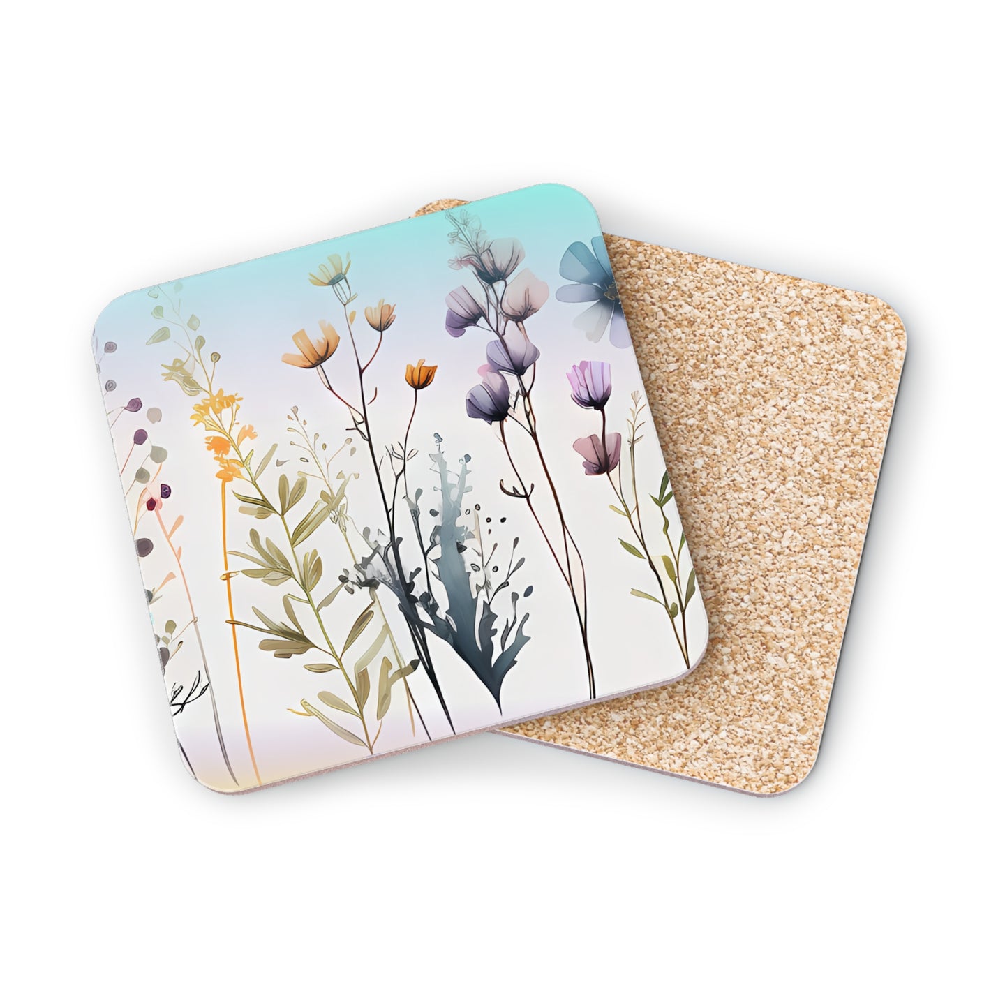 Two cork coasters with a delicate watercolor floral design.