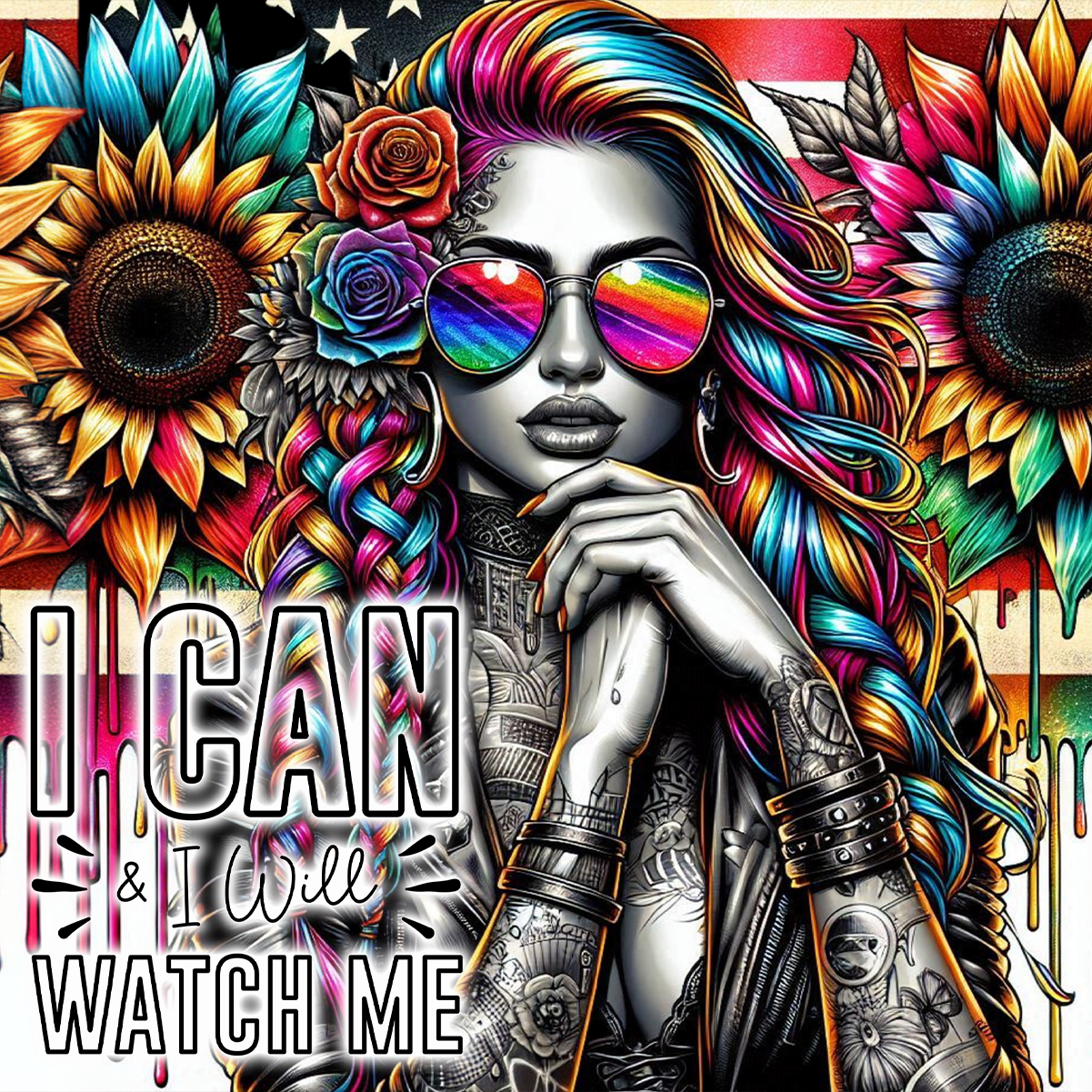Woman with colorful hair and sunglasses, sunflowers, USA flag, text "I CAN & I Will WATCH ME".