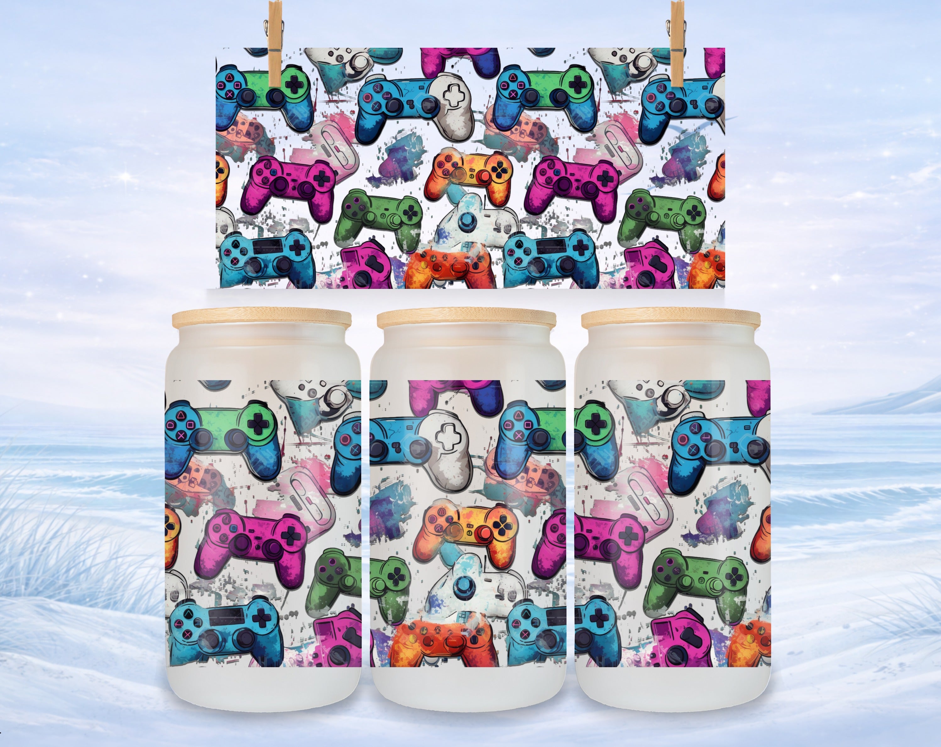 Three clear glass jars with a video game controller pattern wrap.