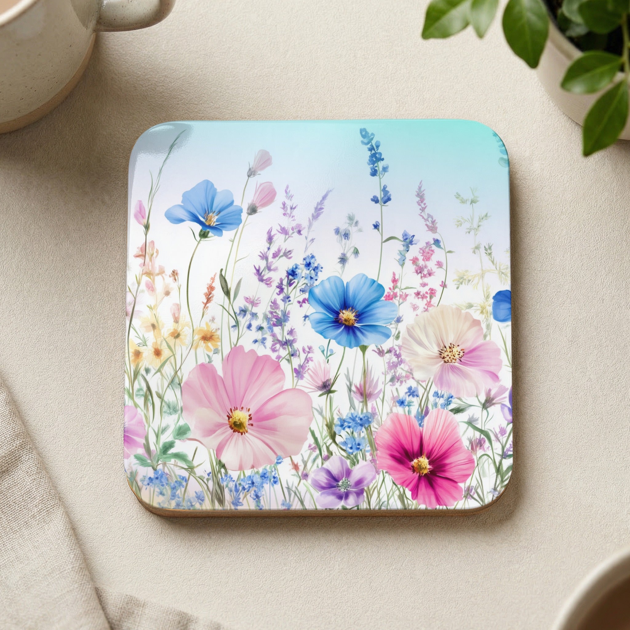 Square coaster with a watercolor painting of a meadow of wildflowers.