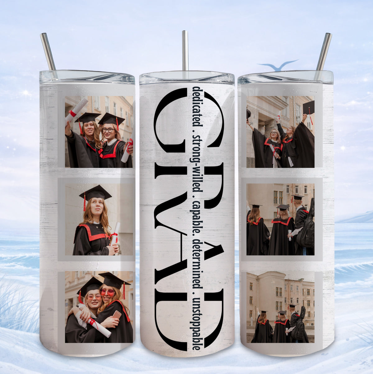 Graduation tumbler with personal photos and "GRAD" text.