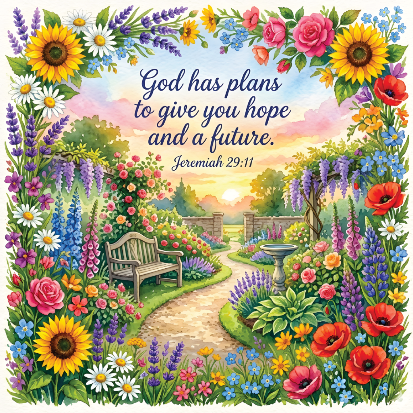 Vibrant garden path with bench, bird bath, and floral border framing "God has plans to give you hope and a future."