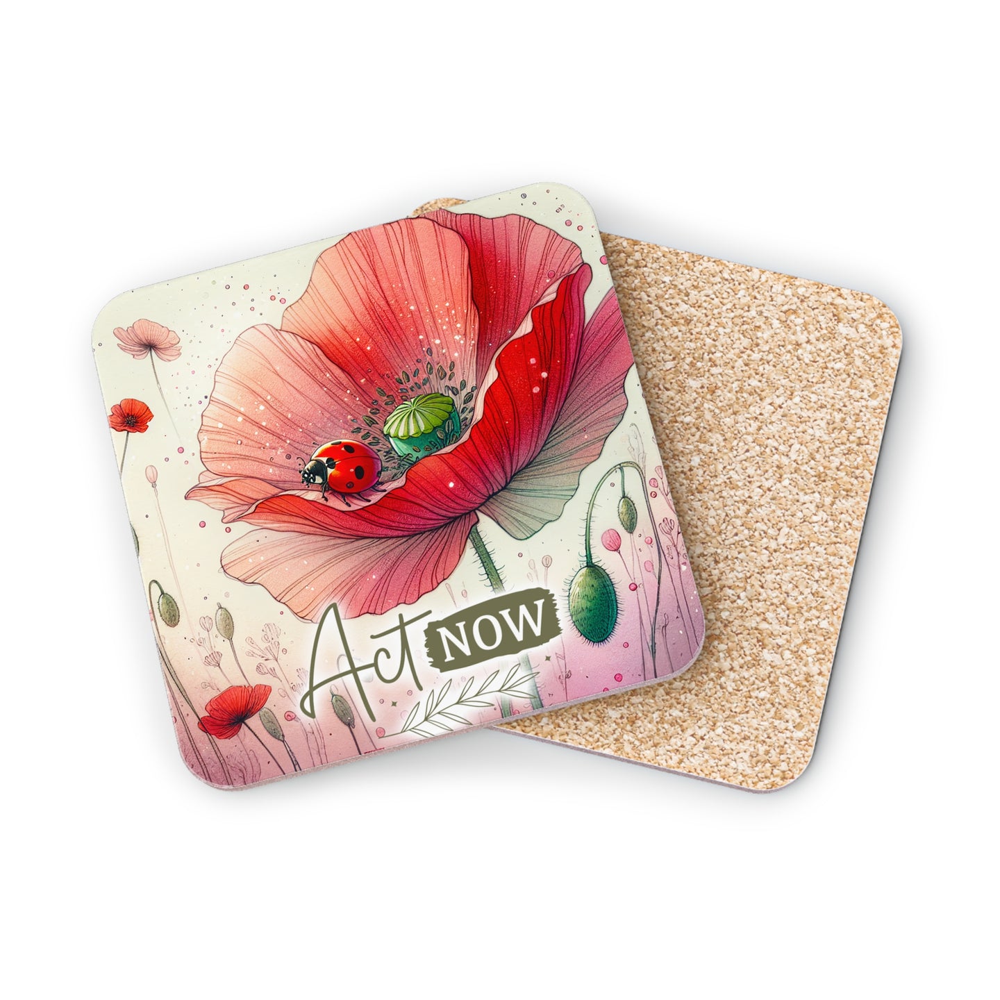Coaster with a large red poppy and "Act NOW" text, featuring a ladybug.