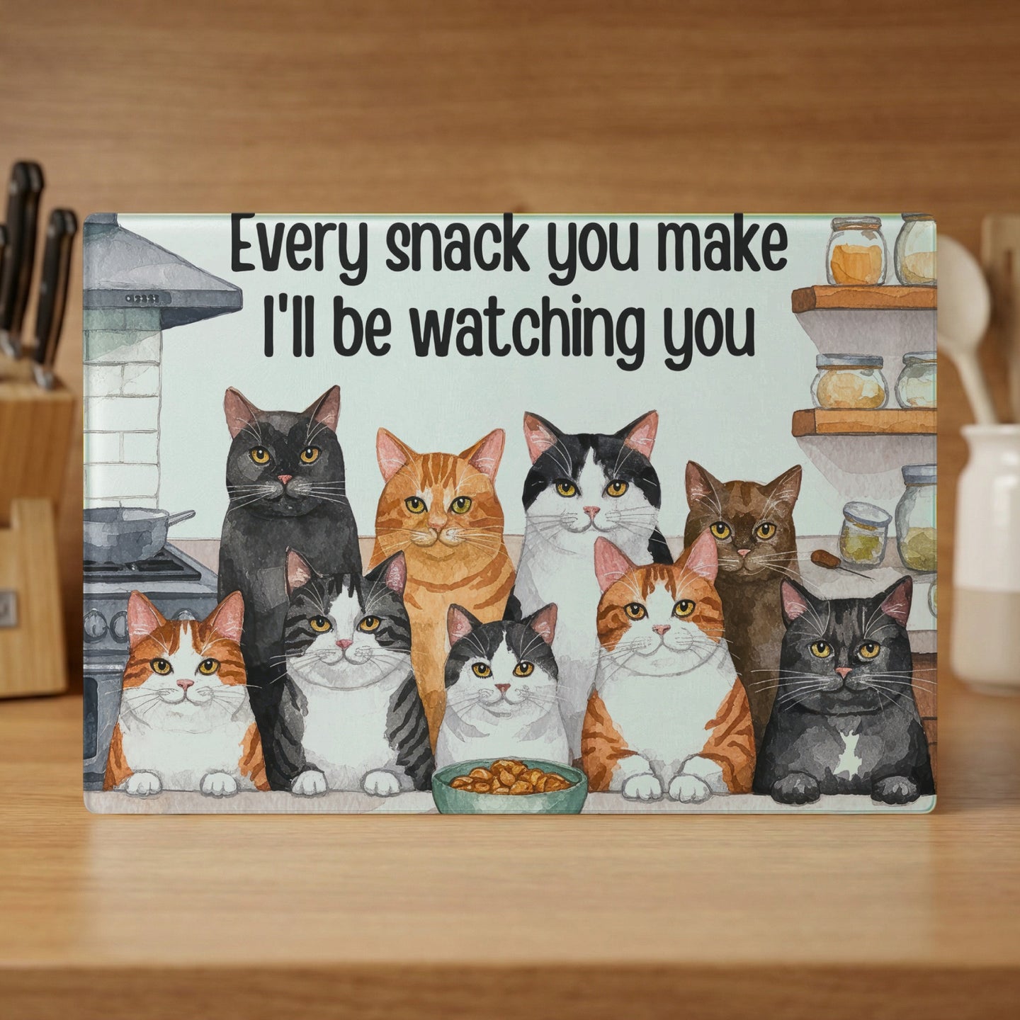 Illustration of ten cats watching a bowl of food, with text.