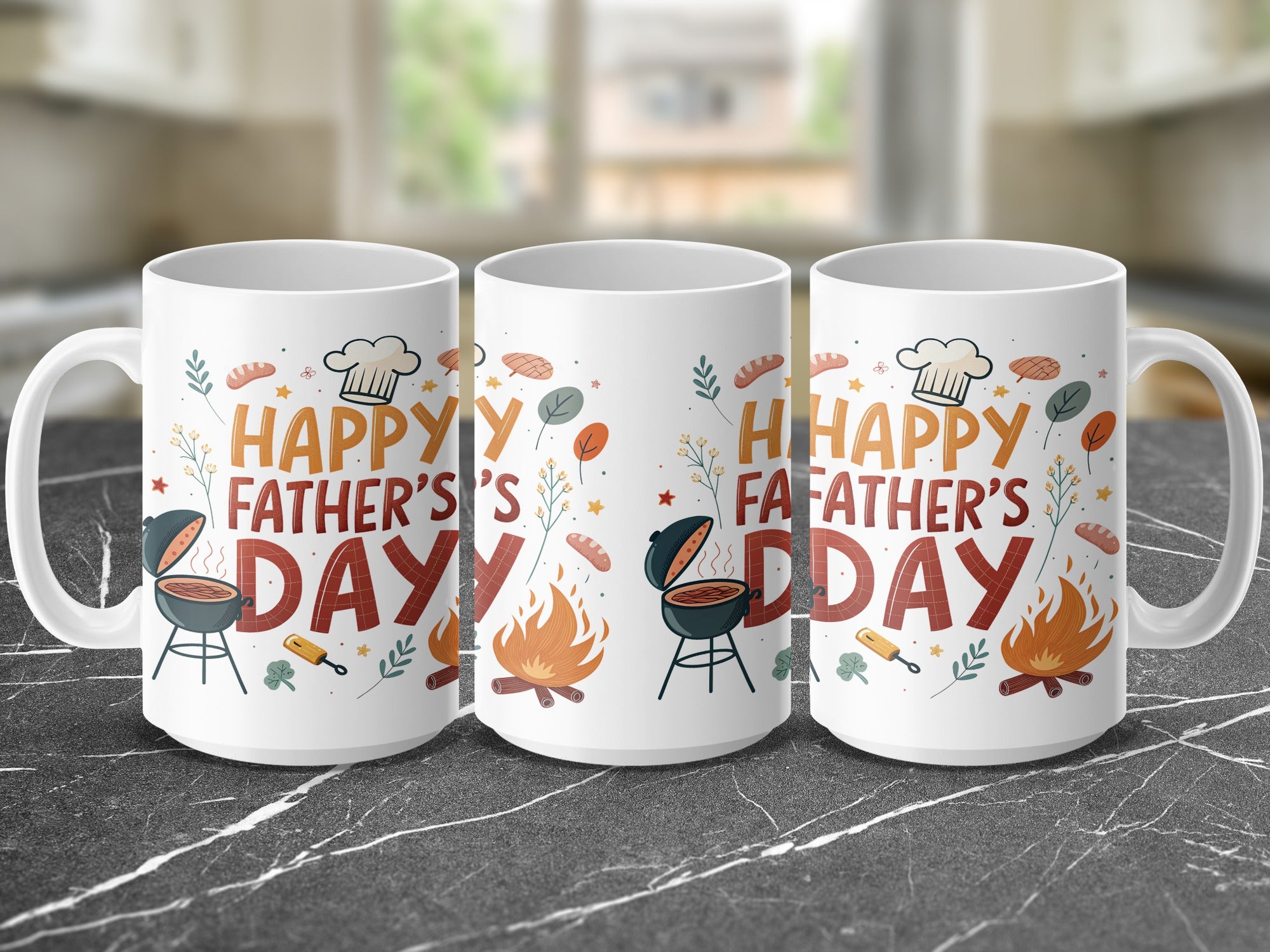 Three white mugs with "Happy Father's Day" text and BBQ graphics.