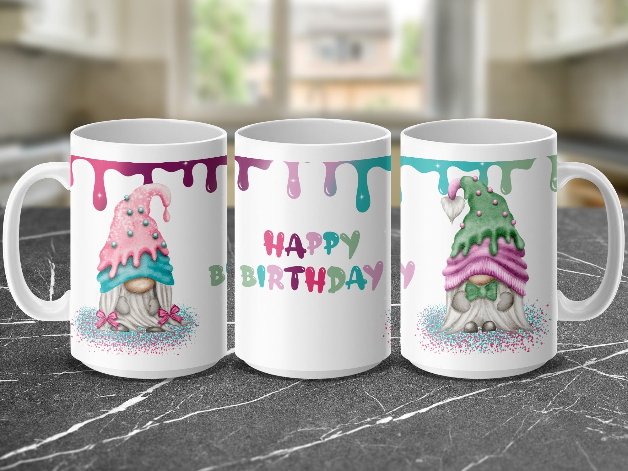 Three mugs featuring gnomes and "Happy Birthday" text.