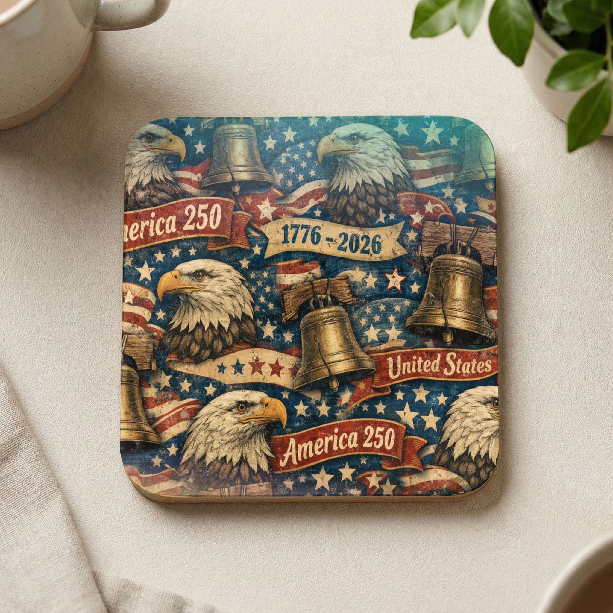 America 250 United States coaster with eagles, bells, and stars.