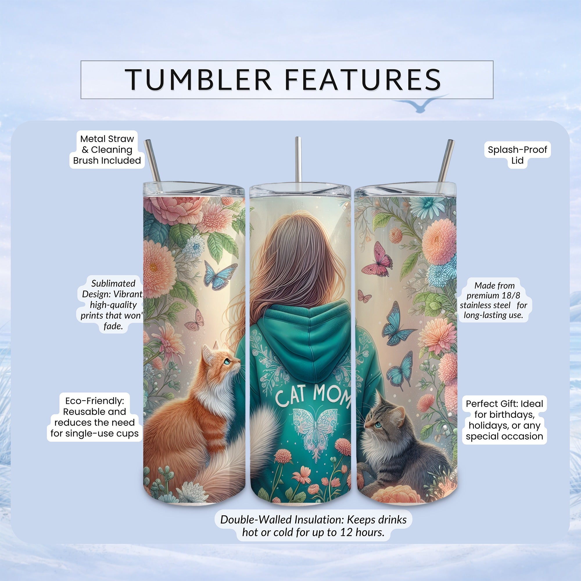 Tumbler with "CAT MOM" design, butterflies, and flowers, includes straw.