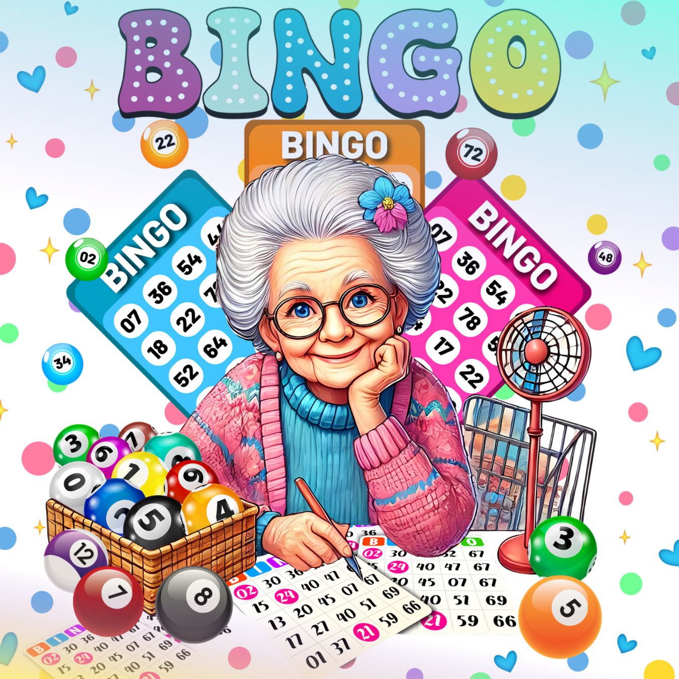 Woman with bingo cards and balls, featuring "BINGO" text.