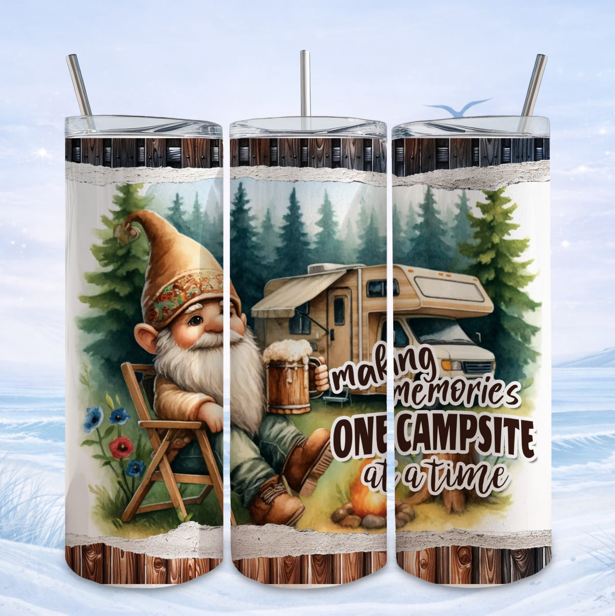 Gnome with beer and RV in forest scene, text "making memories one campsite at a time".