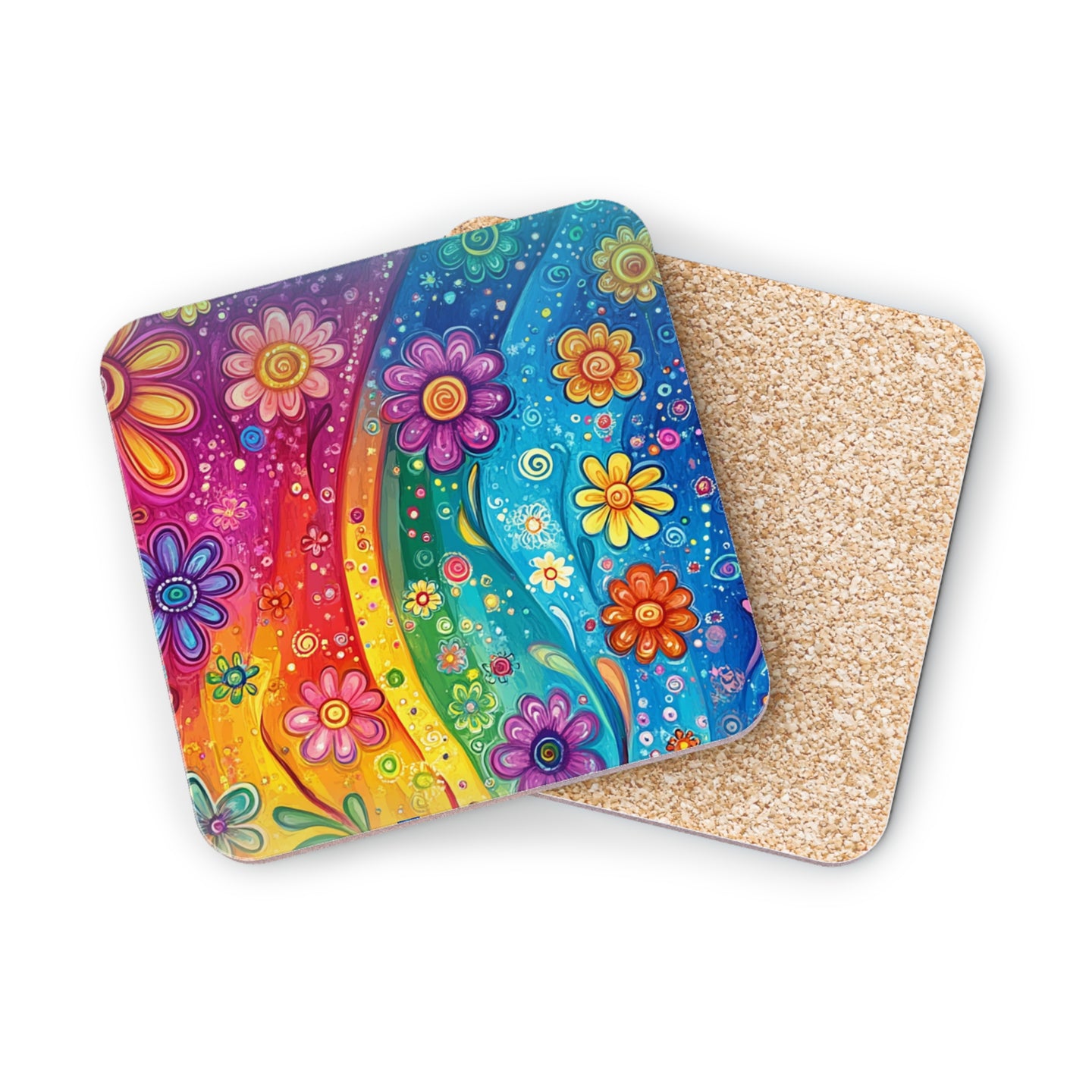 Colorful floral design coasters with cork backing.