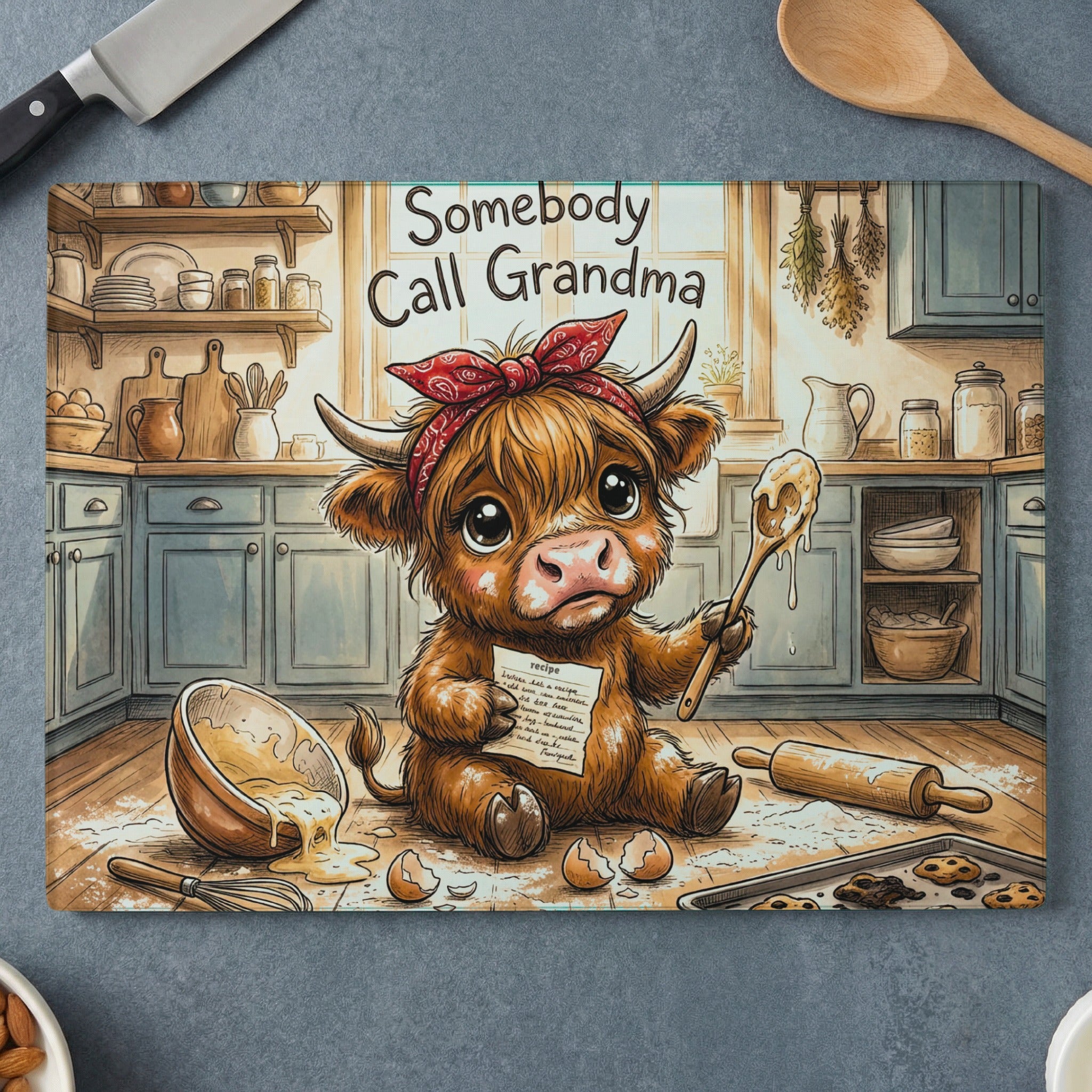 Brown Highland cow wearing a red bandana, holding a spoon, with "Somebody Call Grandma" text.