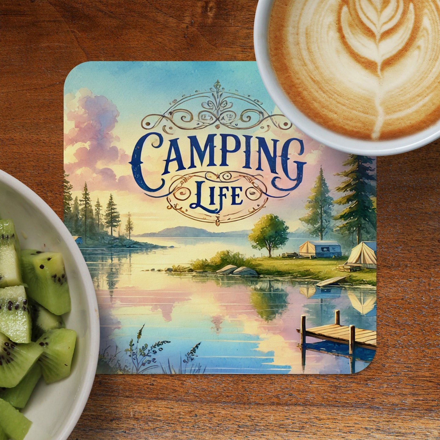 Camping Life coaster with a serene lake scene and coffee.