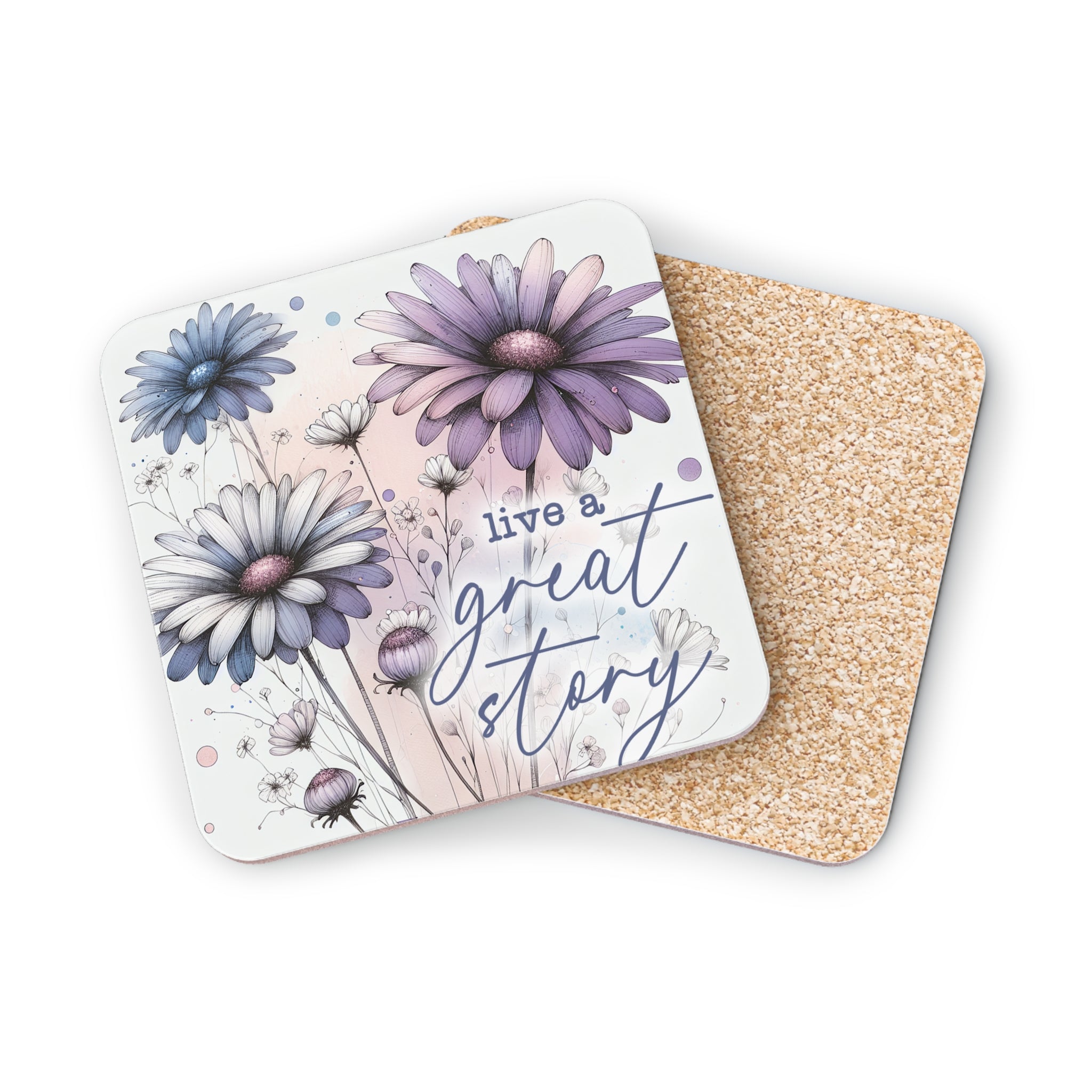 Coasters with purple and blue flowers and text "live a great story".