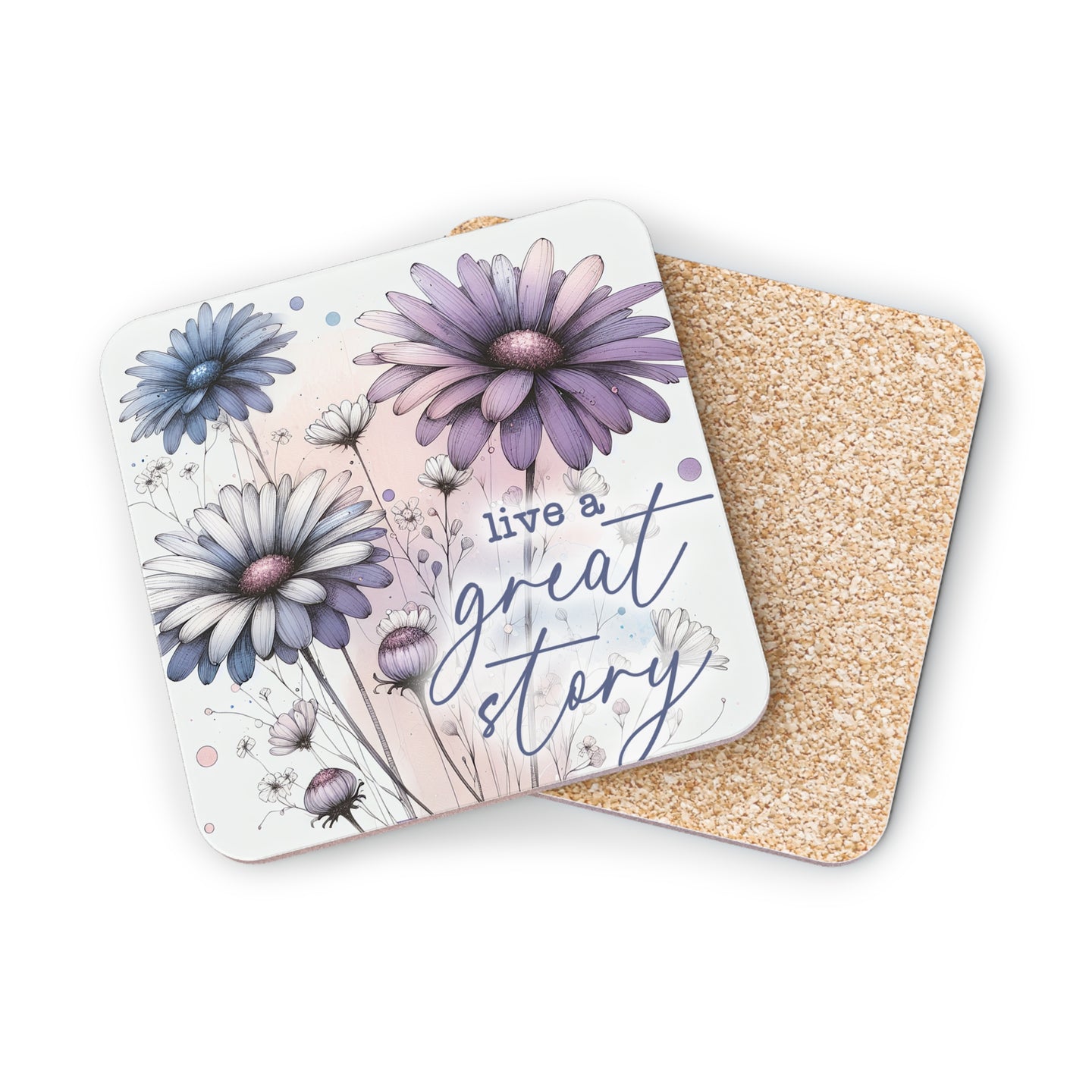Coasters with purple and blue flowers and text "live a great story".