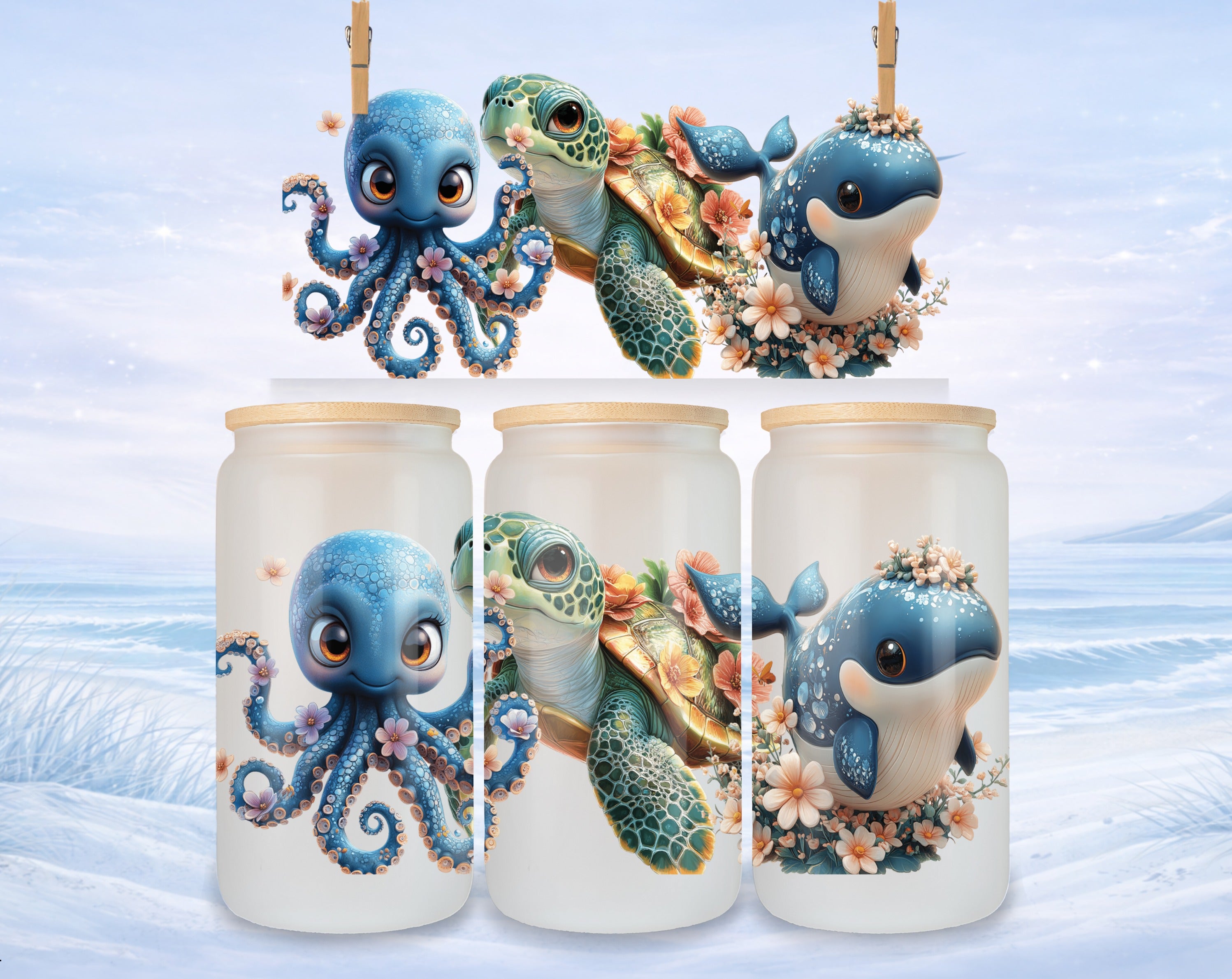 Three cartoon sea creatures - octopus, turtle, and whale - on glass jars.