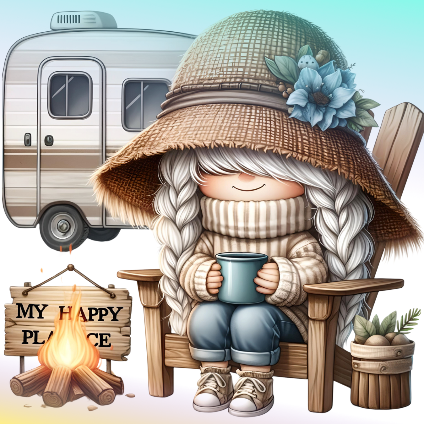 Gnome in oversized hat holding mug, sits in chair near campfire and camper.